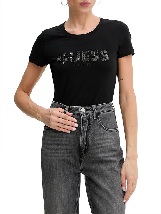 売れ筋商品|||ゲス Tシャツ トップス レディース Women's Embellished Logo T-Shirt Jet Black A996 Eco Deedee Beaded Tee | GUESS Factory